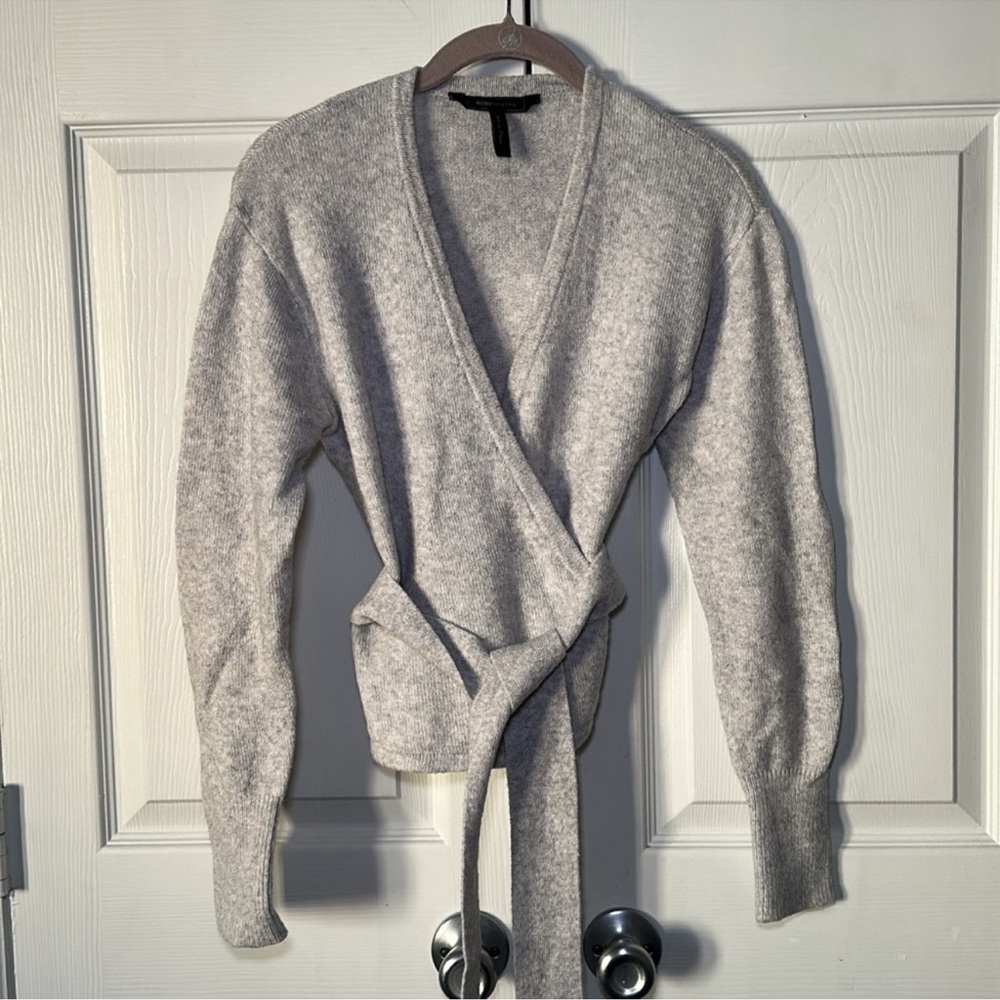 BCBGMAXAZRIA Grey Ballerina Style Self-Tie Wrap Sweater Size Small - Picture 5 of 9